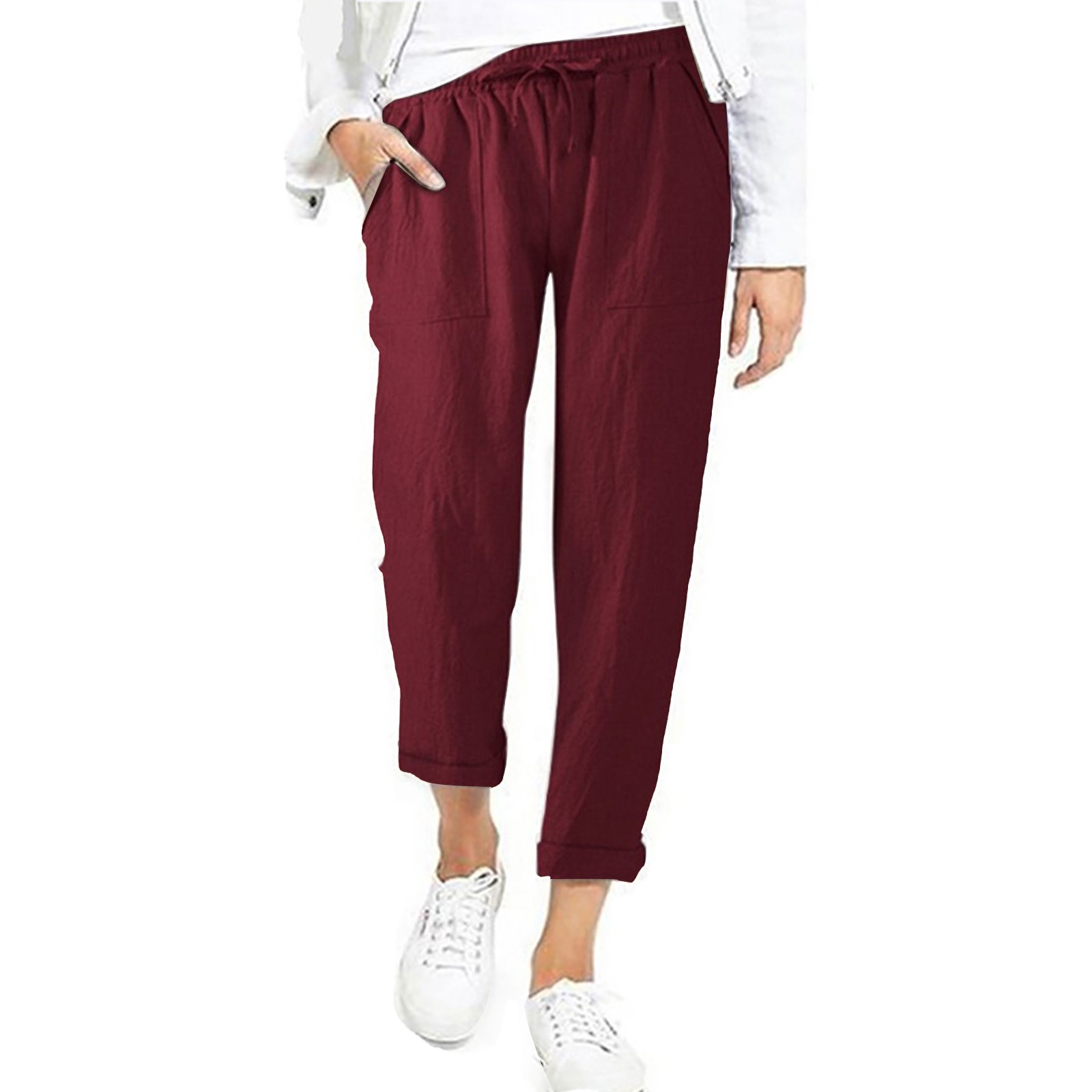 thumbnail image 2 of Pantalones acampanados de encaje de cintura alta para mujer - Poliéster liso, bolsillos, informal/lounge, S-XXL, todas las estaciones, 2 of 6
